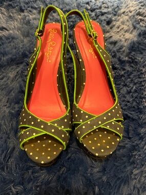 Lilly Pulitzer Navy Polka Dot Slingback Heels with Neon Green Trim